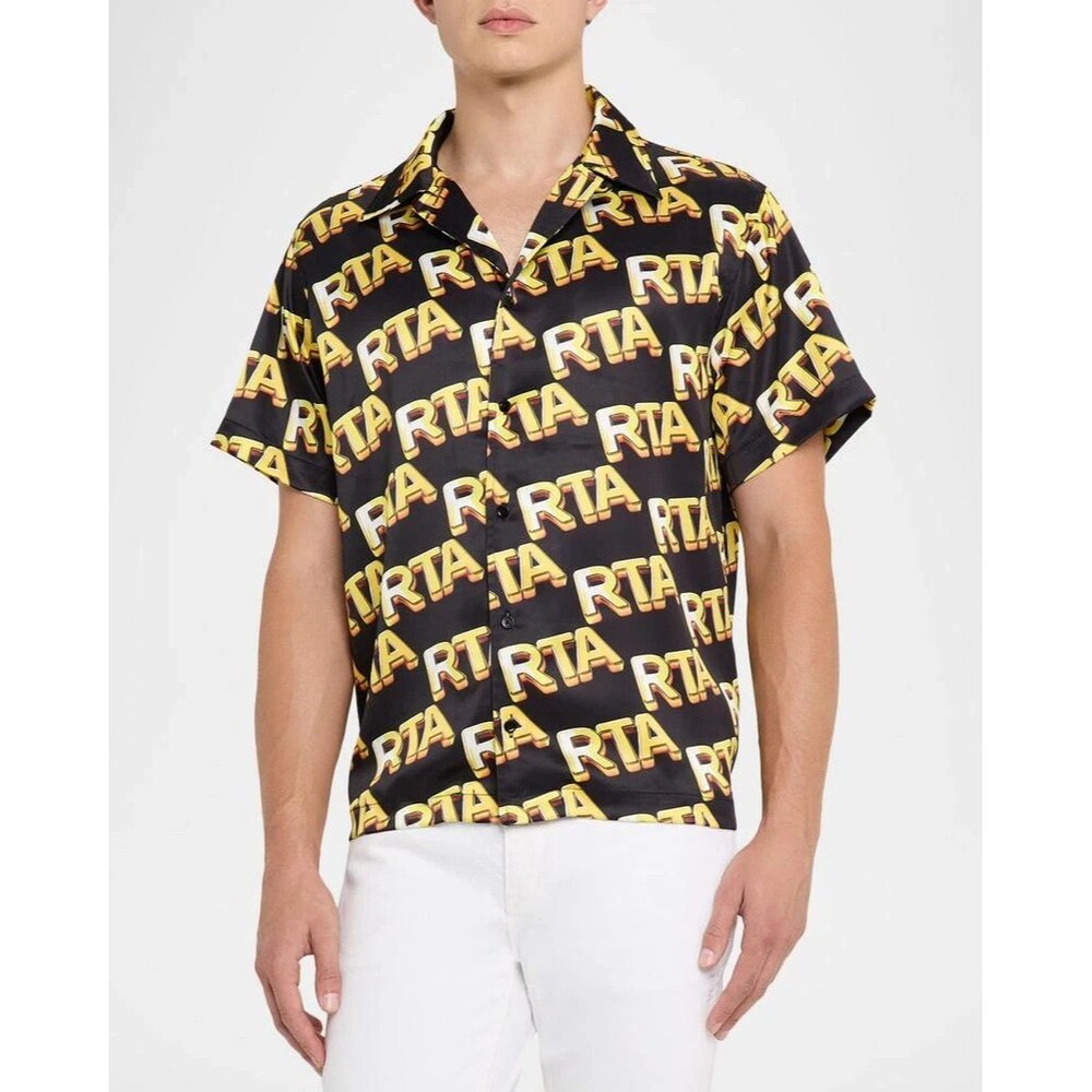 RTA Button Shirt Mens Medium Black Gold Short Sleeve Logo NATHAN $160
